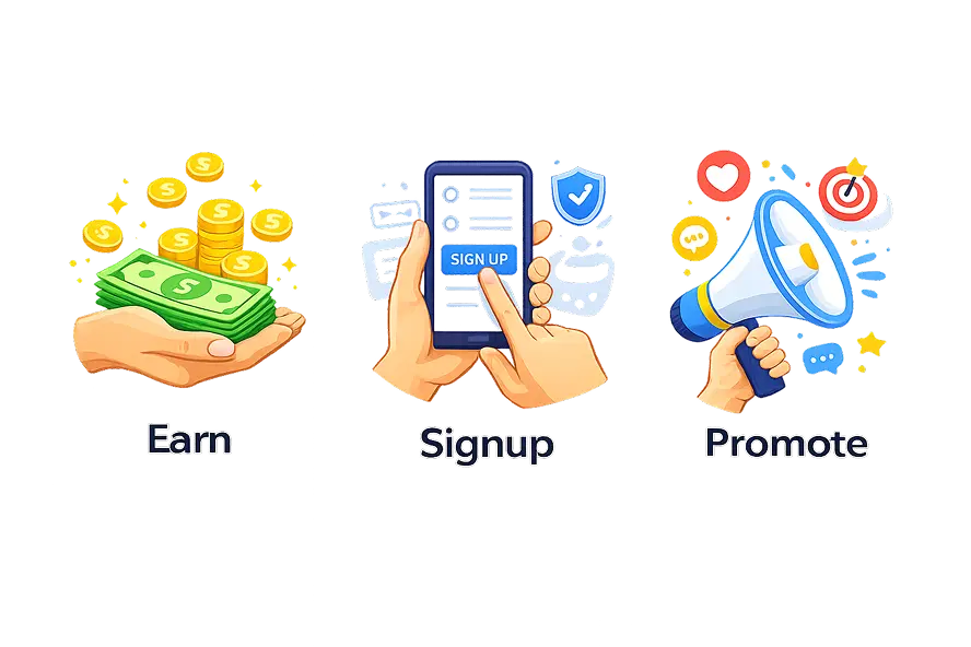 Earn, Signup, Promote illustration